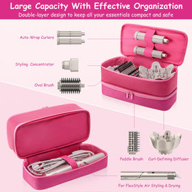 Adworte double-layer storage case pink, keeps dryer and accessories organized.