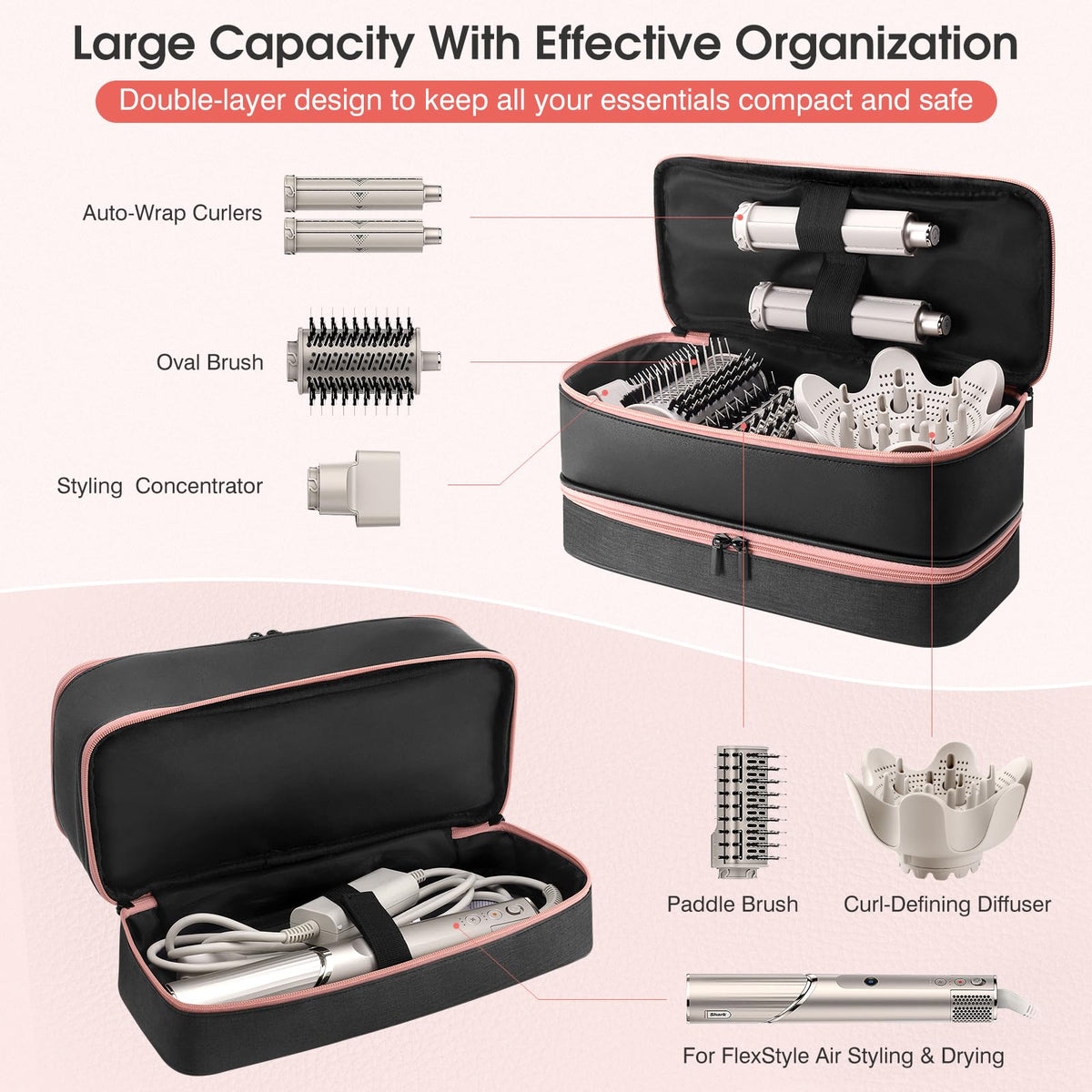 Adworte double-layer storage keeps dryer and diffuser organized.