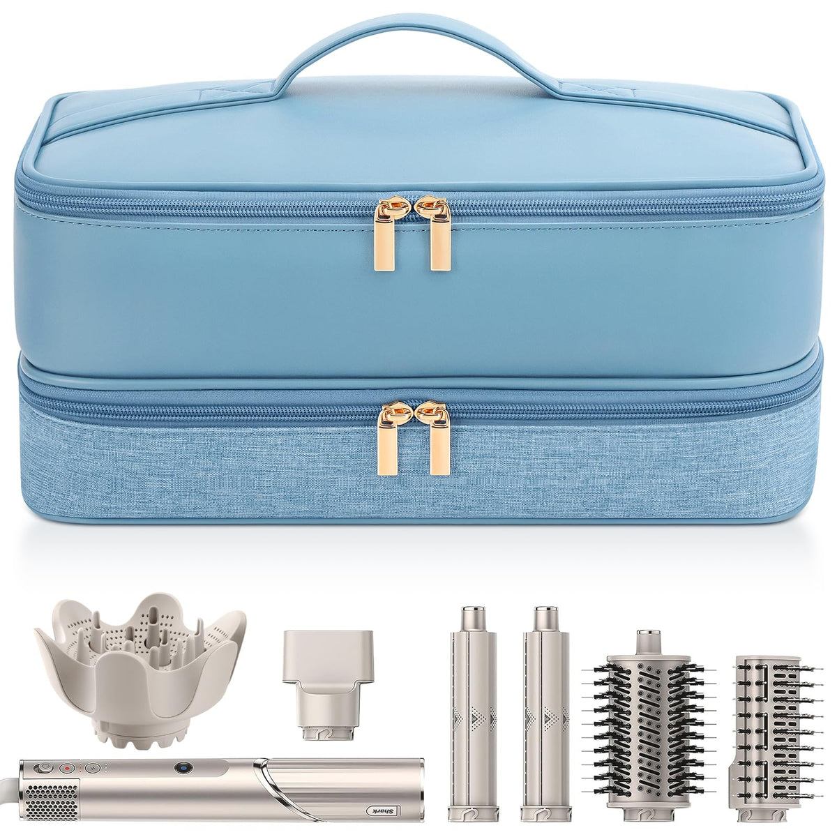 Adworte travel case misty blue outer view with protective fabric shell for safe travel.