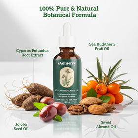 Nourishing blend of cyperus rotundus and plant oils in Aemerry serum.