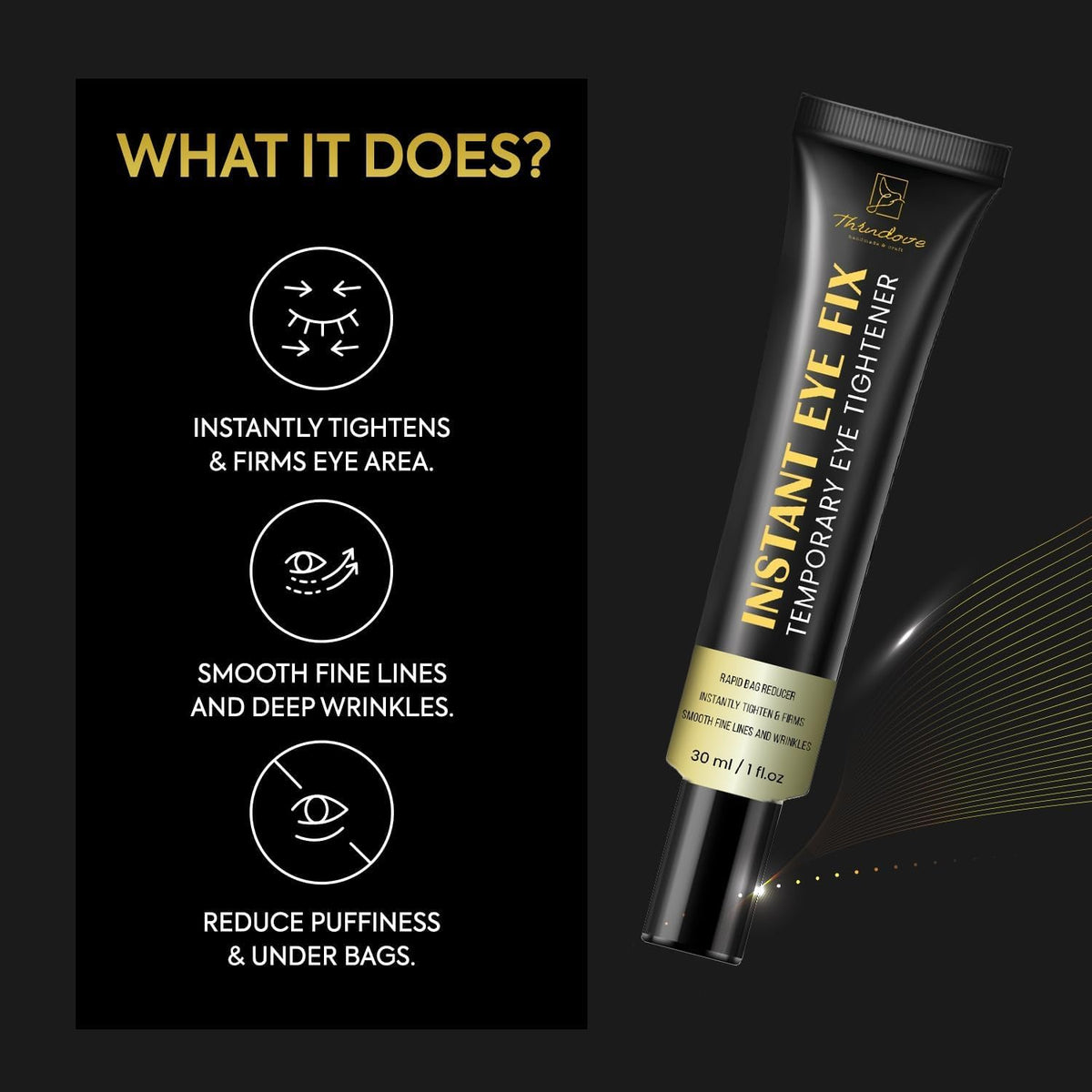 Aemerry eye tightener cream application point demonstrates immediate puffiness reduction