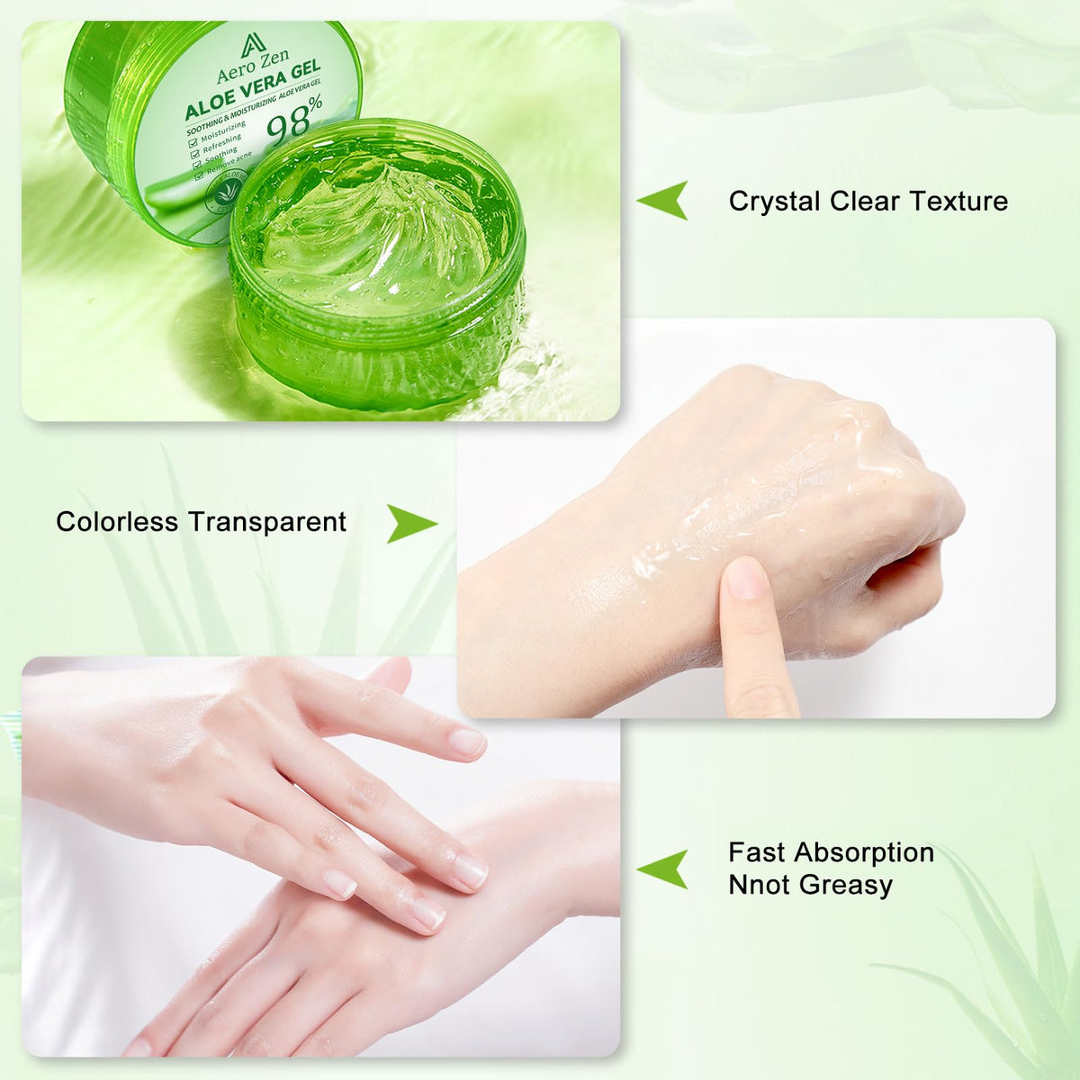 Aero Zen Pure Aloe Gel application on skin shows quick absorption and soothing feel.