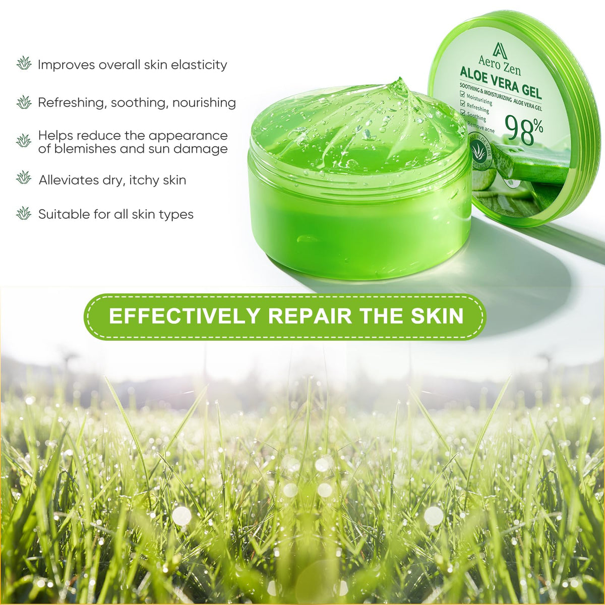 Aero Zen Pure Aloe Gel bottle pour demonstrates easy application for face and body.