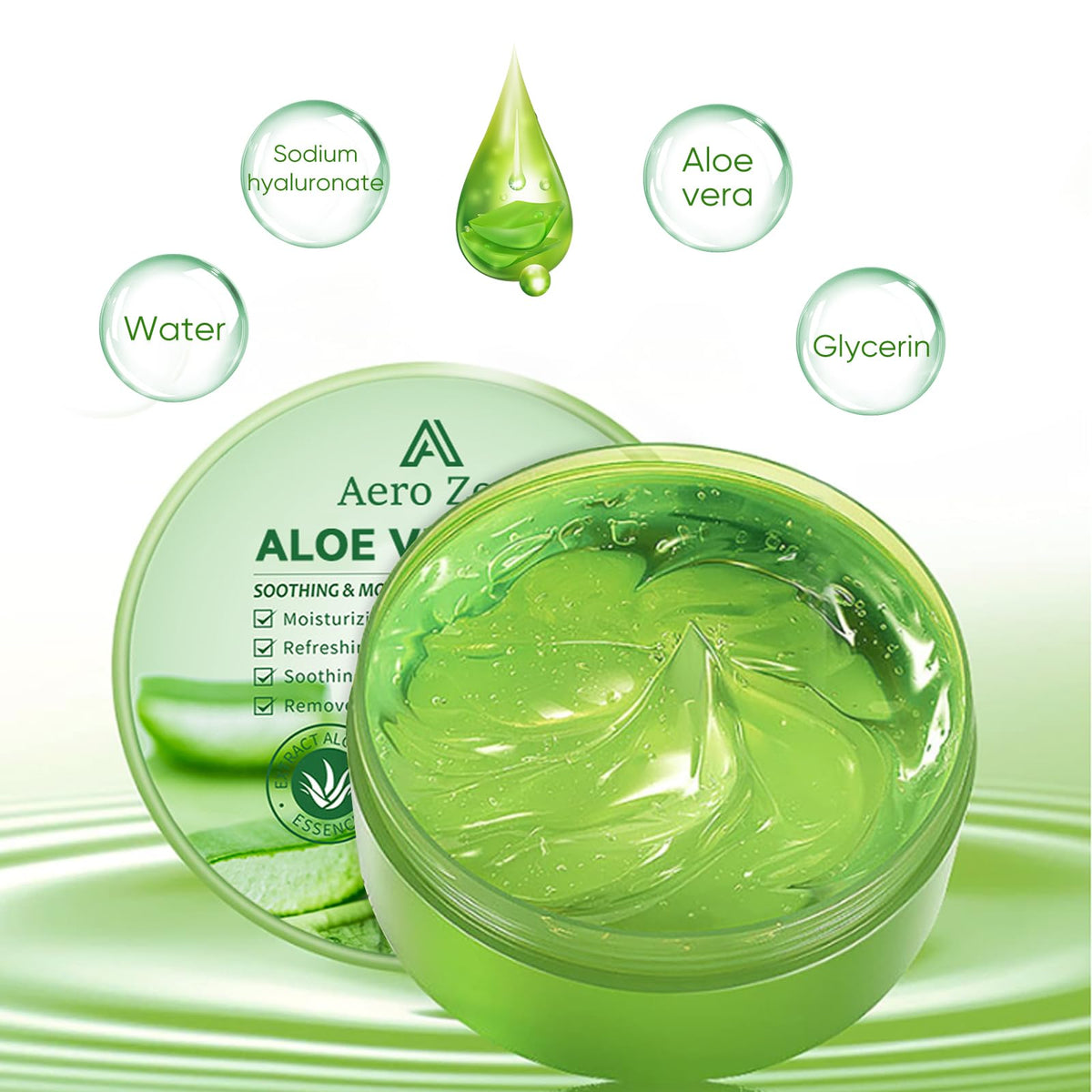 Aero Zen Pure Aloe Gel texture closeup highlights lightweight, fast-absorbing hydration.