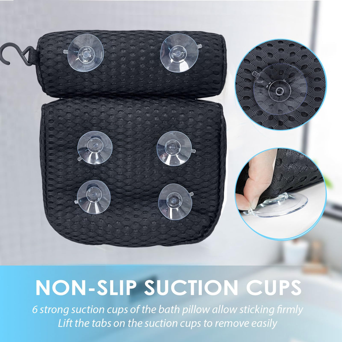 AEROiVi bath pillow with suction cups stays securely in place.