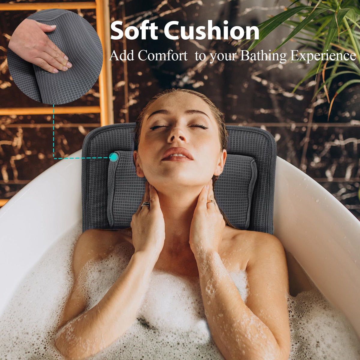 AEROiVi full-body pillow with 14 suction cups stays secure on tub surfaces