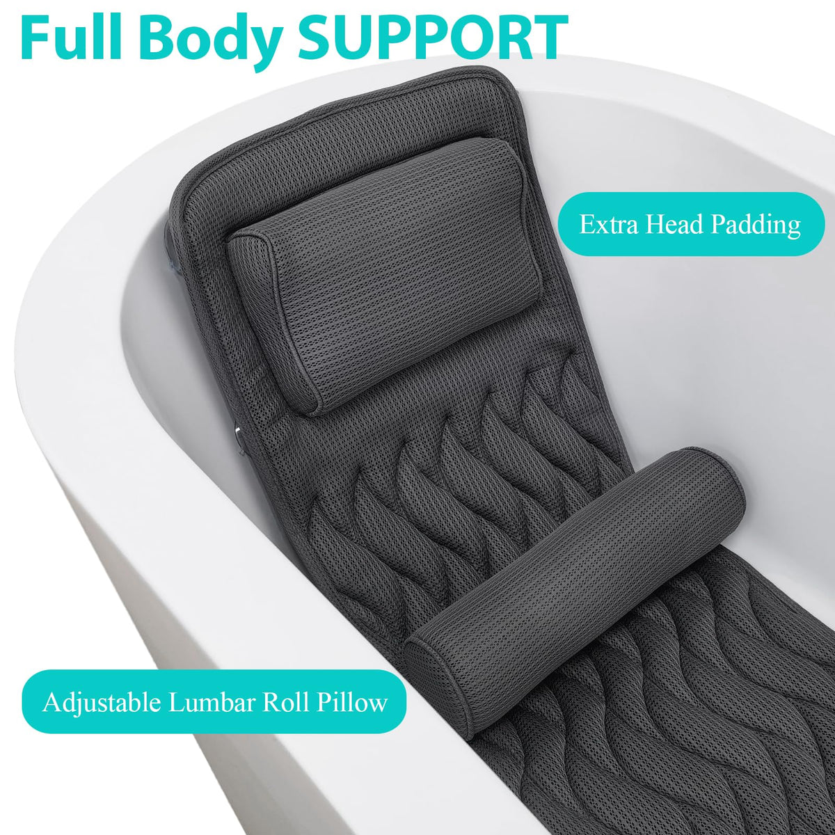AEROiVi 3D air-mesh-padding cushions head and back for a comfy bath