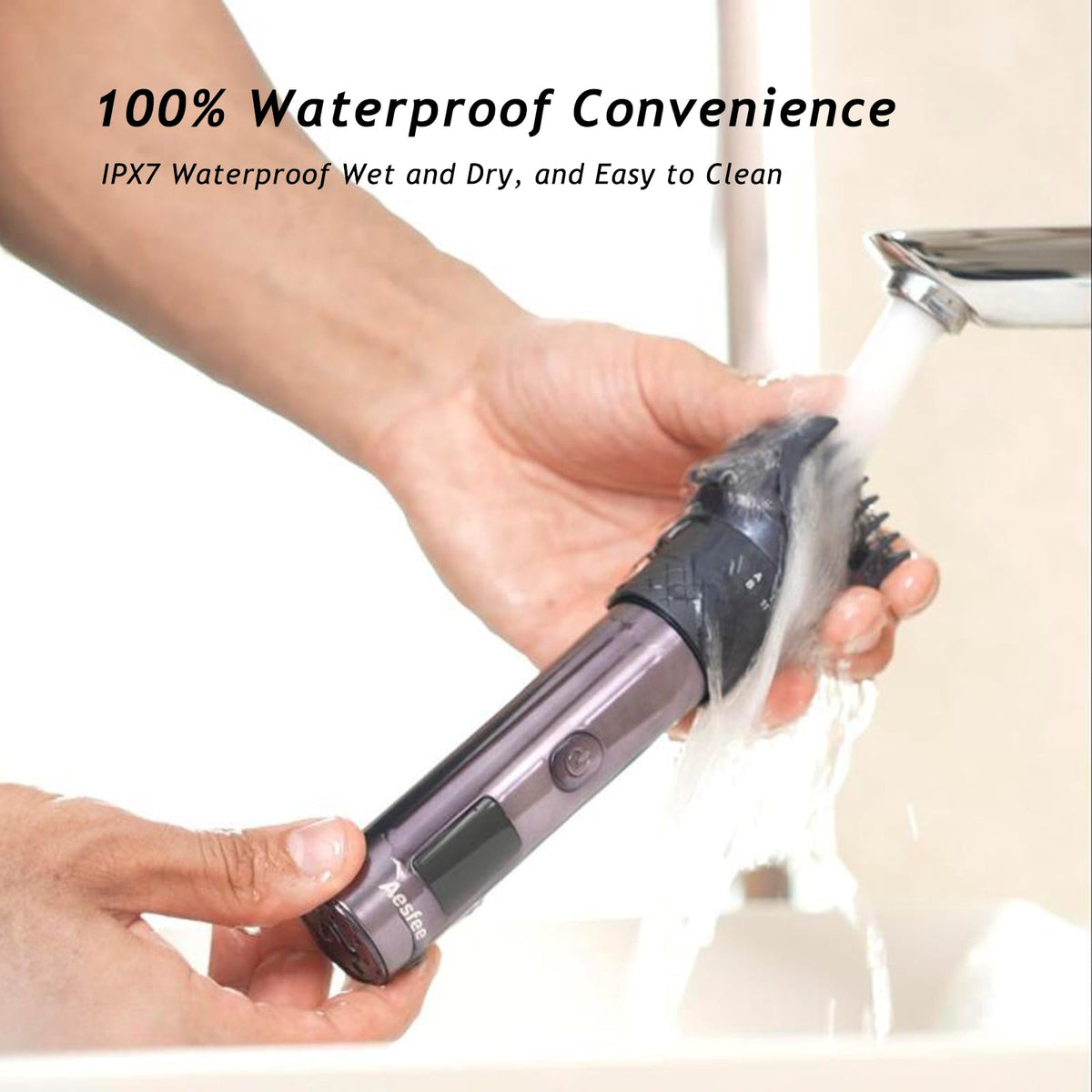 Aesfee beard trimmer in shower with foam for wet grooming