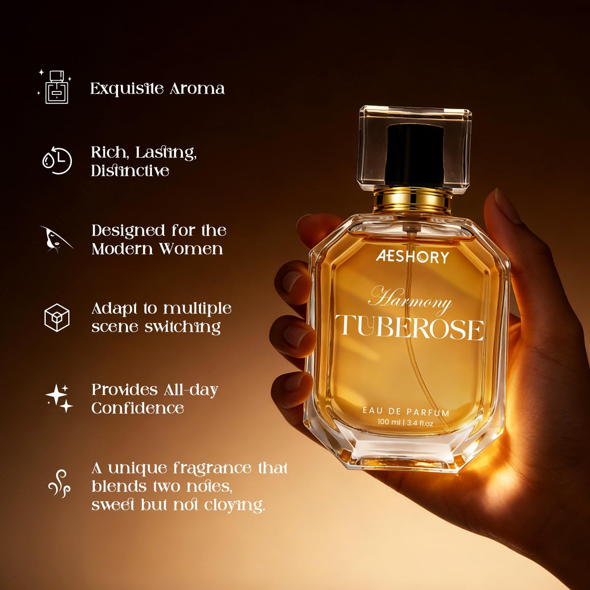 Aeshory base notes of musk vanilla and patchouli for warmth and depth.