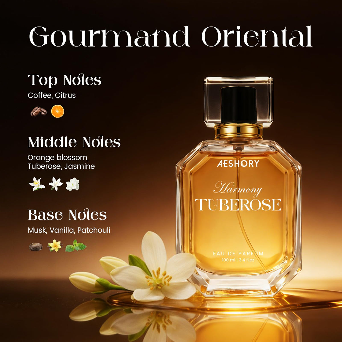 Aeshory heart notes of orange blossom and tuberose for a floral touch.
