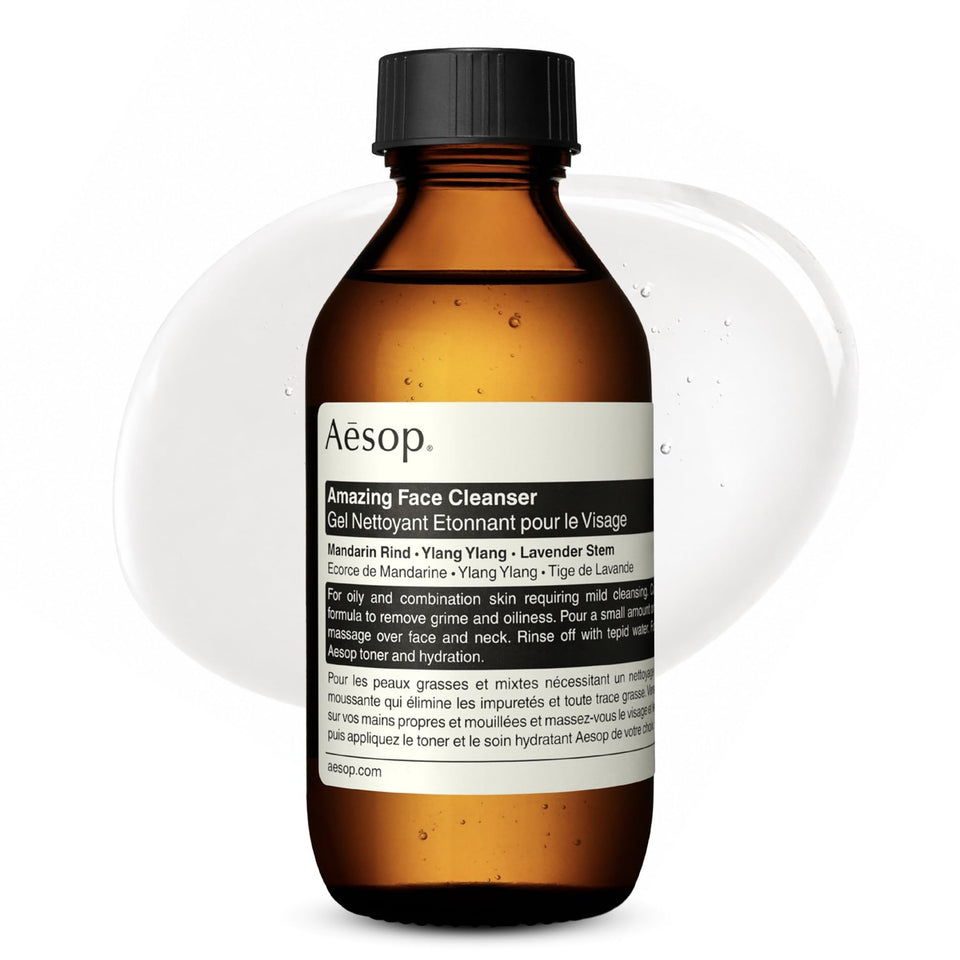 Aesop Amazing Face Cleanser bottle pour — starting a refreshing daily cleanse.
