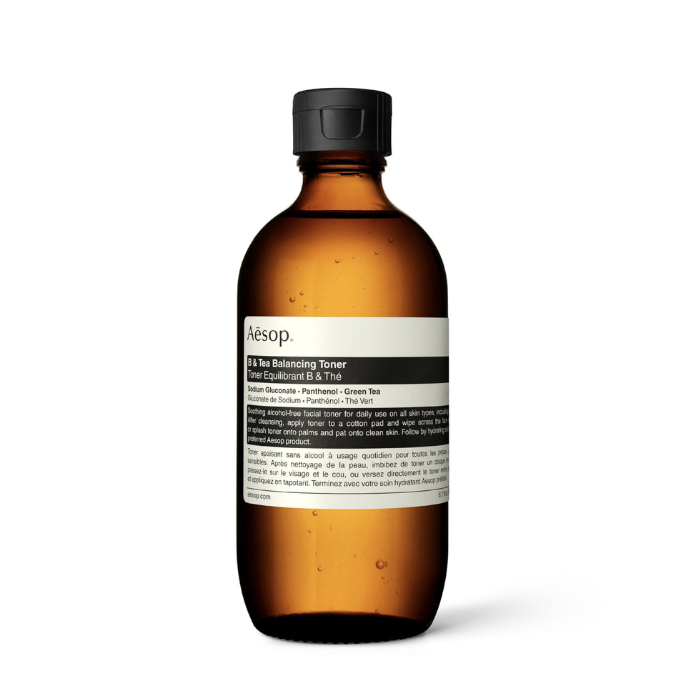 Aesop B & Tea Balancing Toner bottle front for daily use and pore refinement.