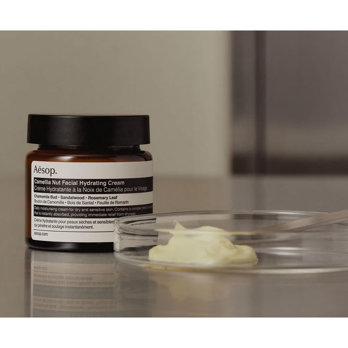 Aesop Camellia Nut Cream chamomile bud detail supporting calming care