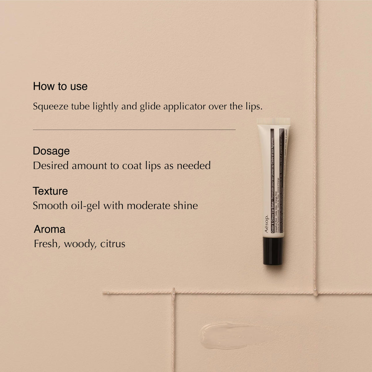 Aesop Cedar and Citrus Lip Balm angled-applicator demonstrates precise on-the-go application