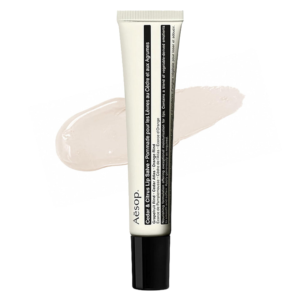 Aesop Cedar and Citrus Lip Balm close-up showing creamy moisturiser for dry lips