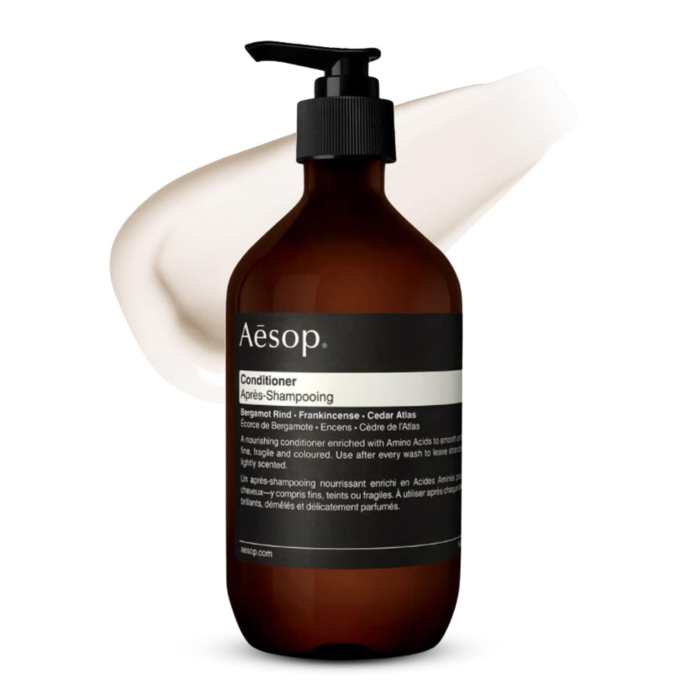Aesop conditioner bottle front view highlighting premium packaging.