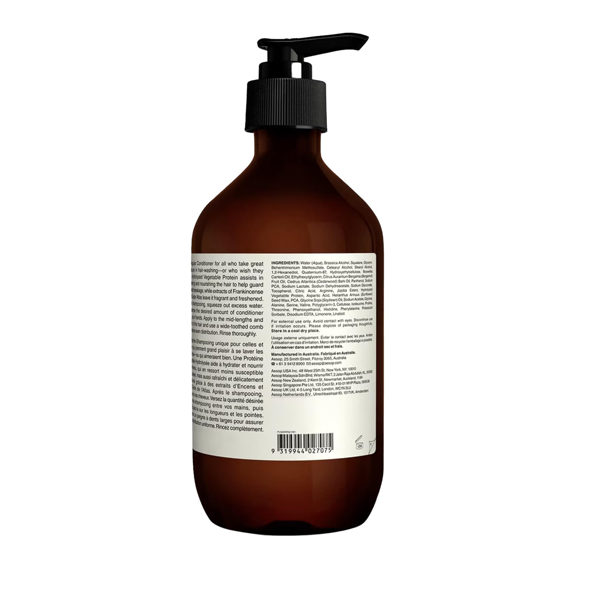 Aesop conditioner packaging showcasing recycled plastic bottles and vegan formula.