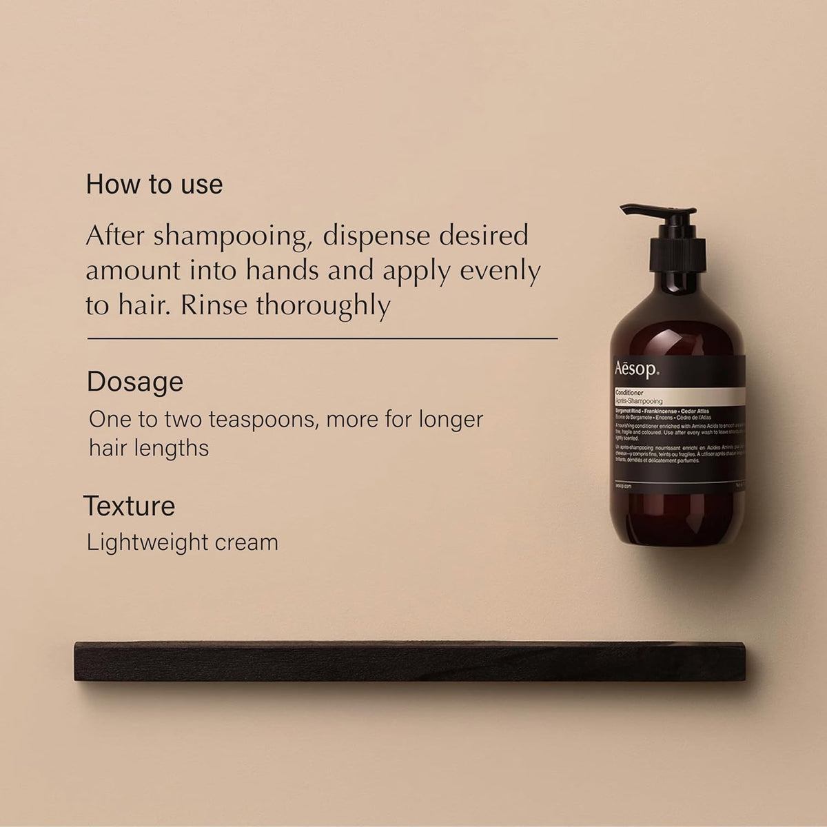 Close-up of Aesop conditioner refill label with natural ingredients