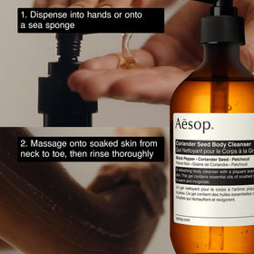 Aesop Coriander Seed Body Cleanser patchouli note and warm glow for daily ritual.