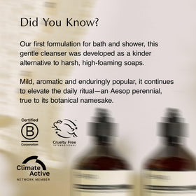 Aesop Coriander Seed Body Cleanser in shower setup for a refreshing cleanse.