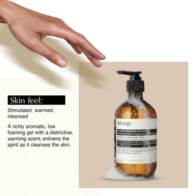 Aesop Coriander Seed Body Cleanser packaging highlights recycled bottle materials for sustainability.