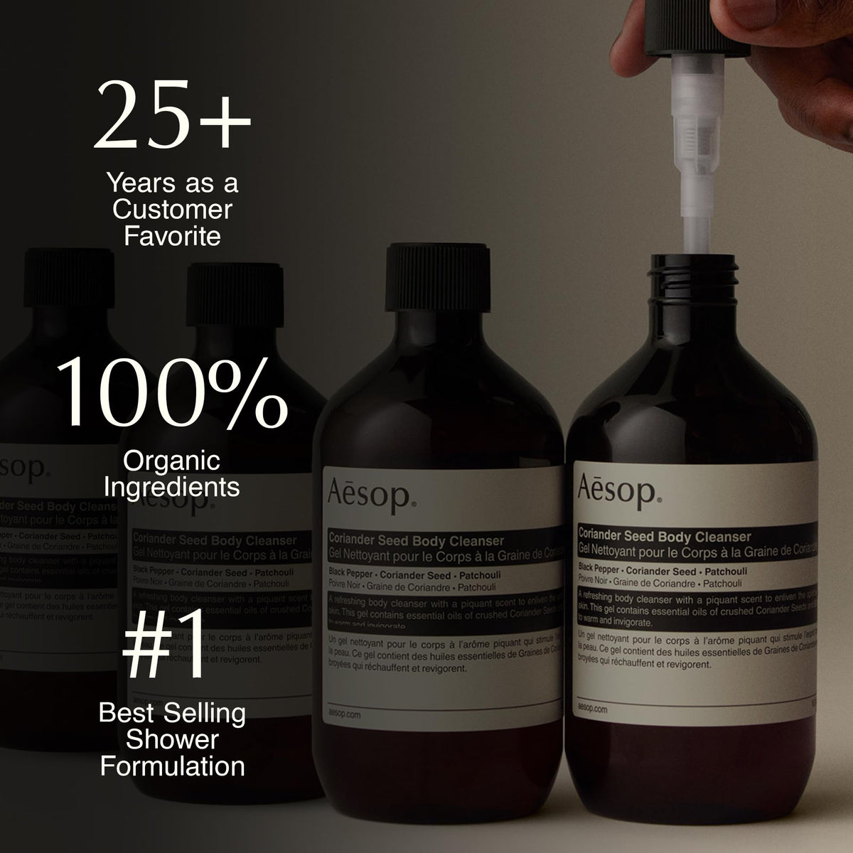 Aesop Coriander Seed Body Cleanser bottle seen in warm light, suggesting spa-like ritual.