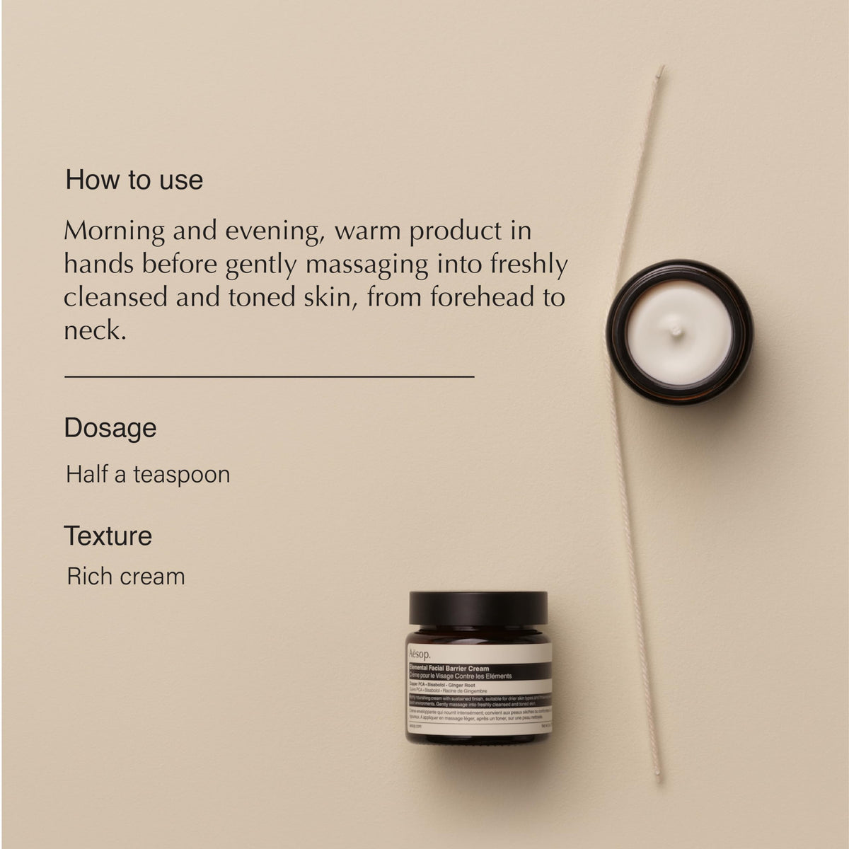 Aesop Element barrier cream texture closeup emphasizes rich emollients for dry skin nourishment.
