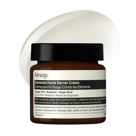 Aesop Element Facial Barrier Cream bottle closeup showcases premium packaging for daily hydration.