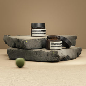 Aesop Element packaging flatlay highlights sleek design and daily barrier protection routine.