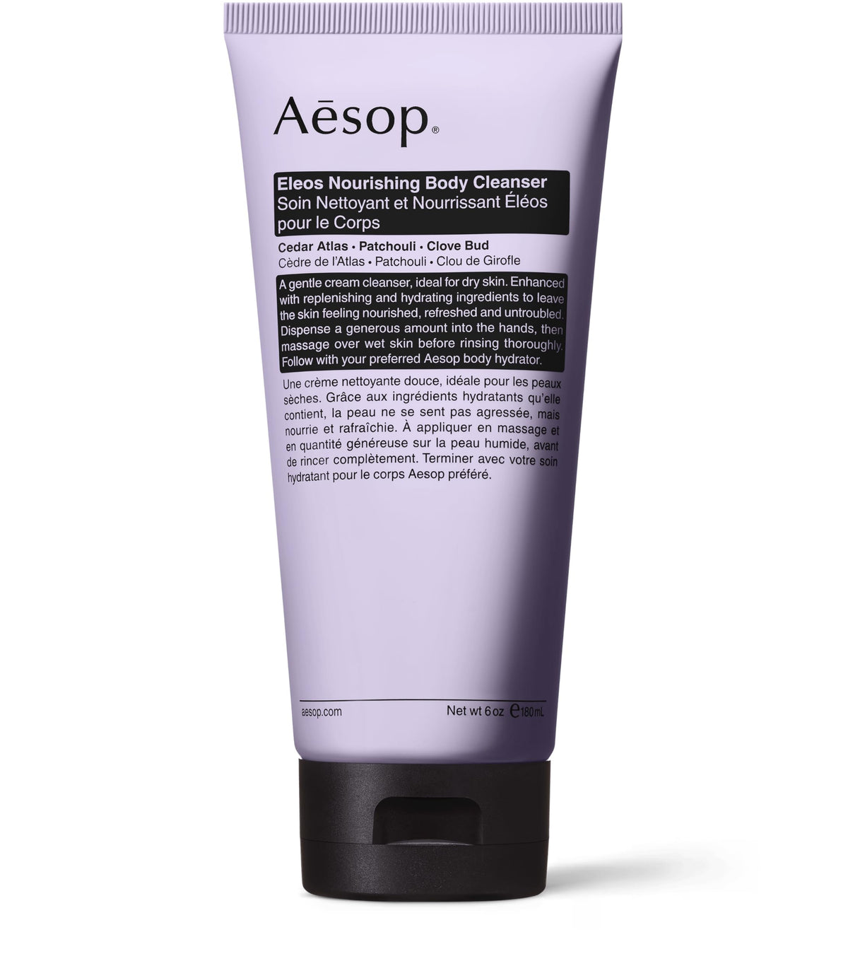 Aesop Eleos moisturizing body cleanser bottle showing a smooth cleansing experience and hydration.
