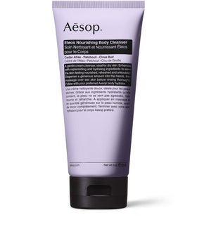 Aesop Eleos moisturizing body cleanser bottle showing a smooth cleansing experience and hydration.