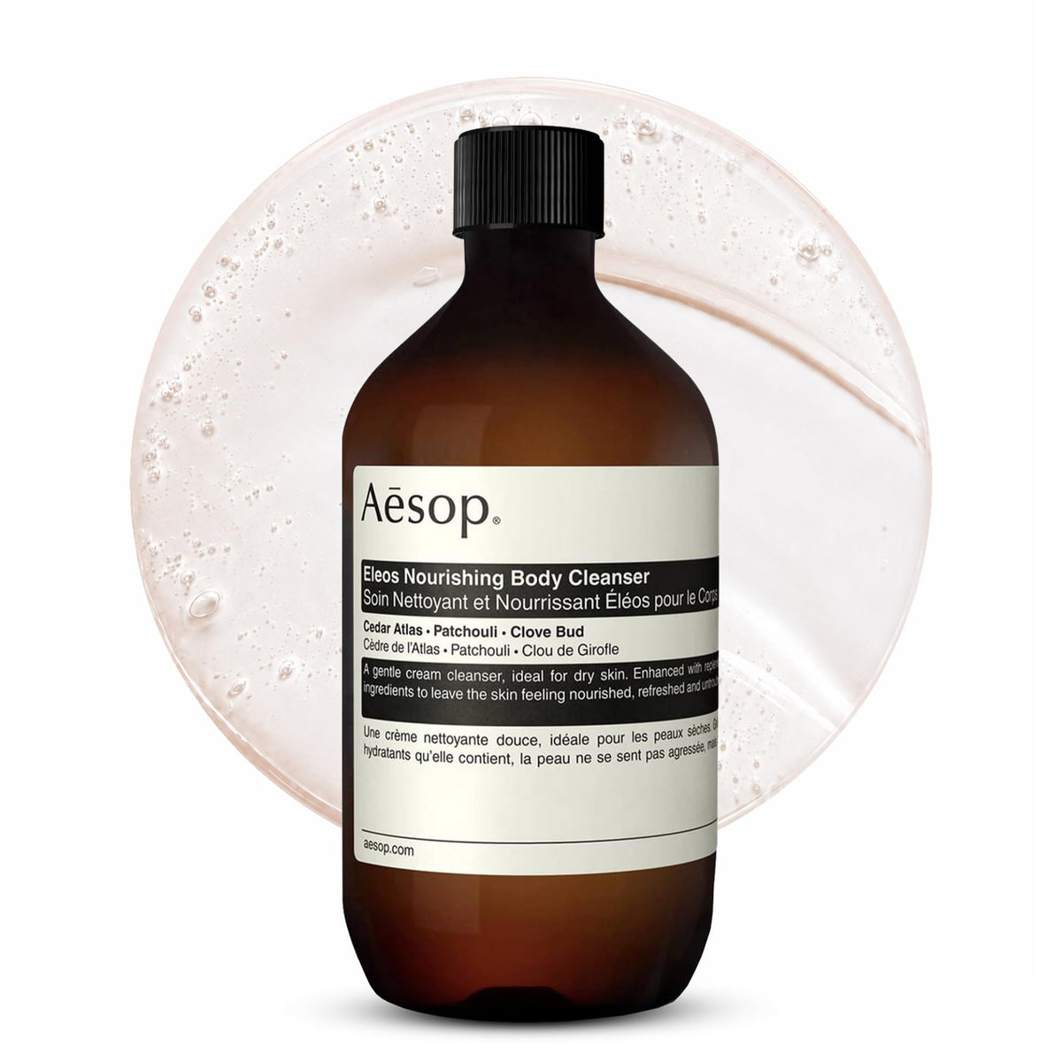 Aesop Eleos nourishing cleanser bottle close-up for hydrated skin