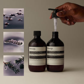 Aesop Eleos refill bottle on shelf highlighting eco-friendly packaging