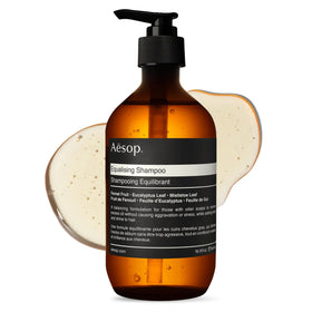 Aesop Equalising Shampoo bottle closeup, premium botanicals for daily use