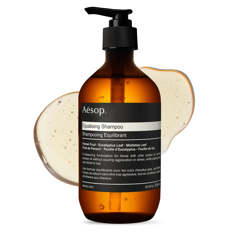 Aesop Equalising Shampoo bottle closeup, premium botanicals for daily use