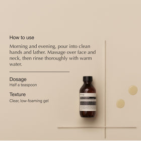 Aesop Fabulous Face Cleanser label close-up showing minimalist packaging and premium ingredients.