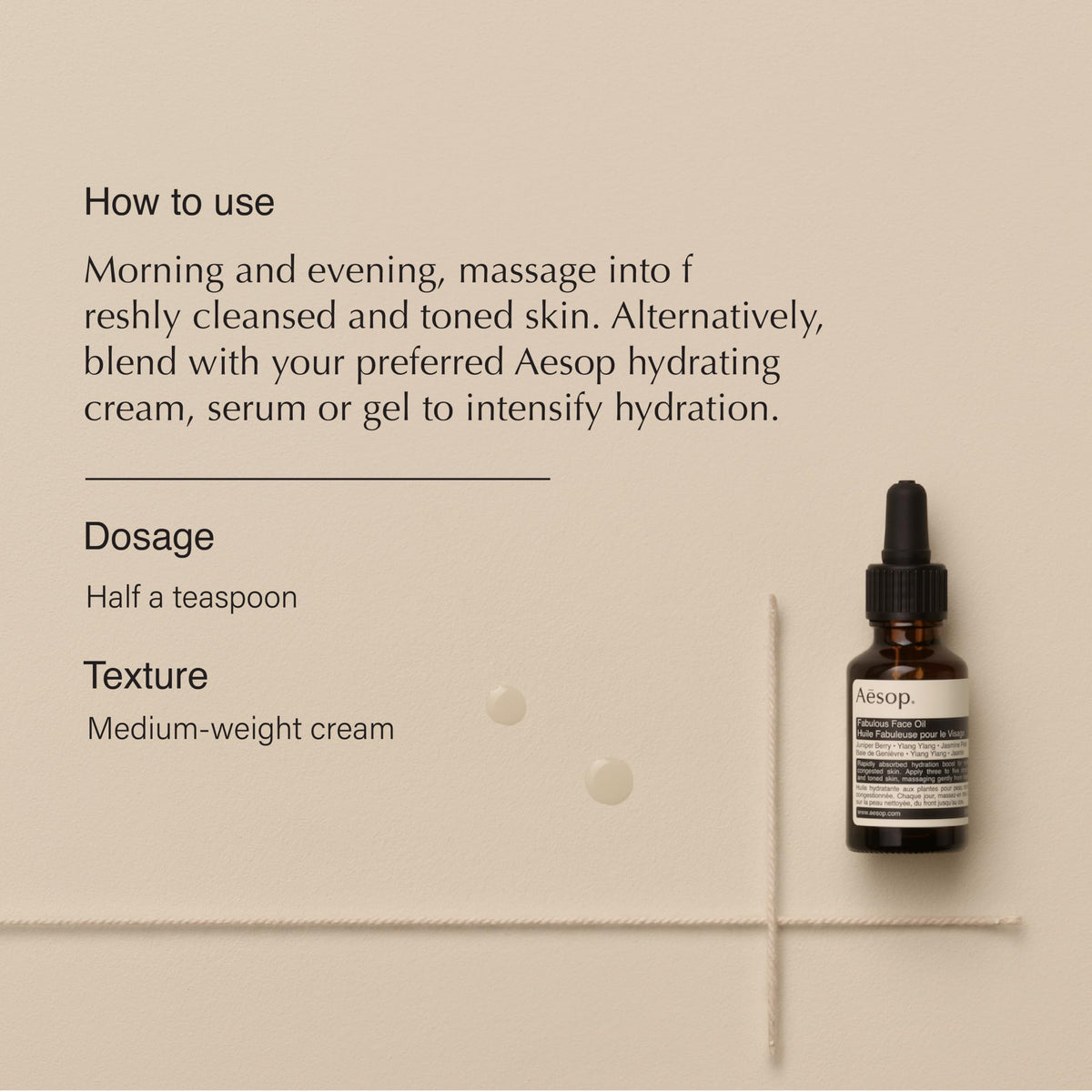 Aesop Fabulous Face Oil texture close-up shows a smooth, balanced finish.