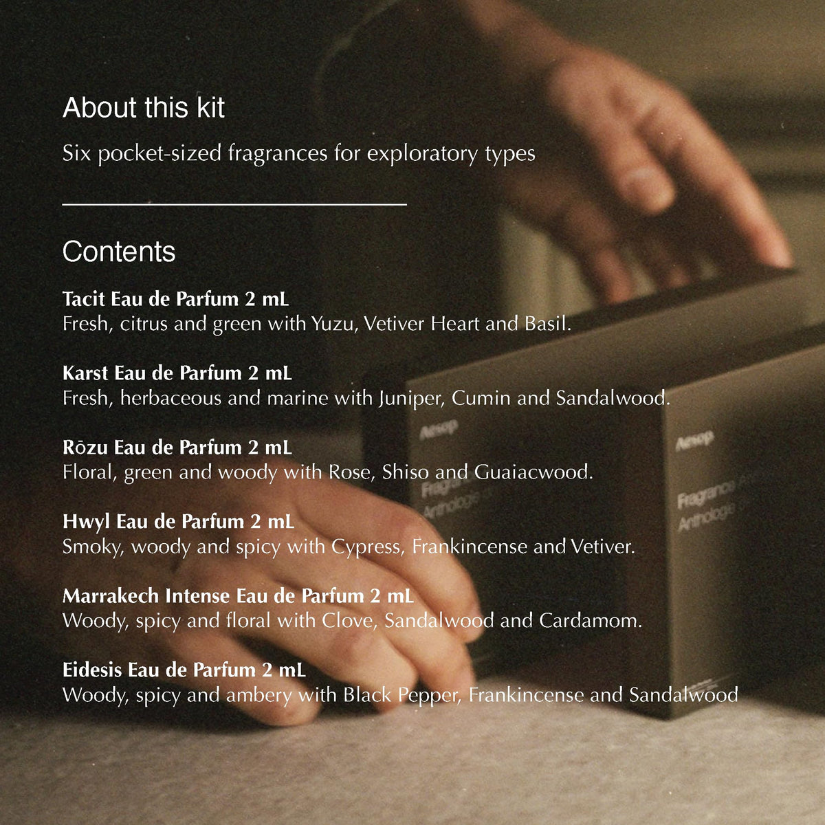 Aesop Volume I note portfolio featuring Yuzu, Vetiver, and Rose highlights