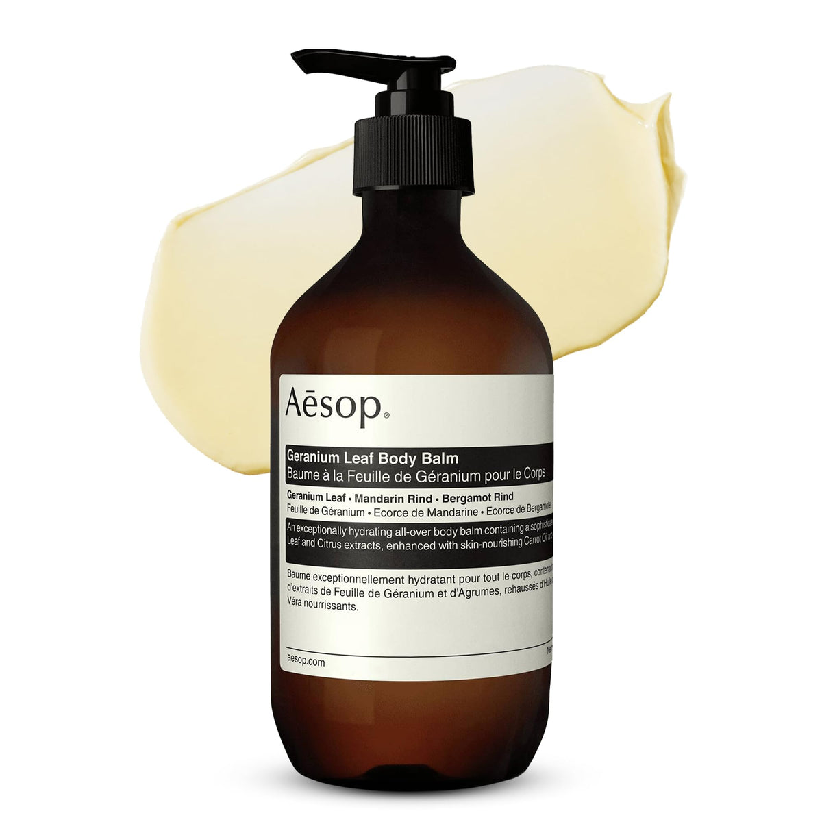 Aesop Geranium Leaf Body Balm jar close-up showing creamy texture for deep hydration