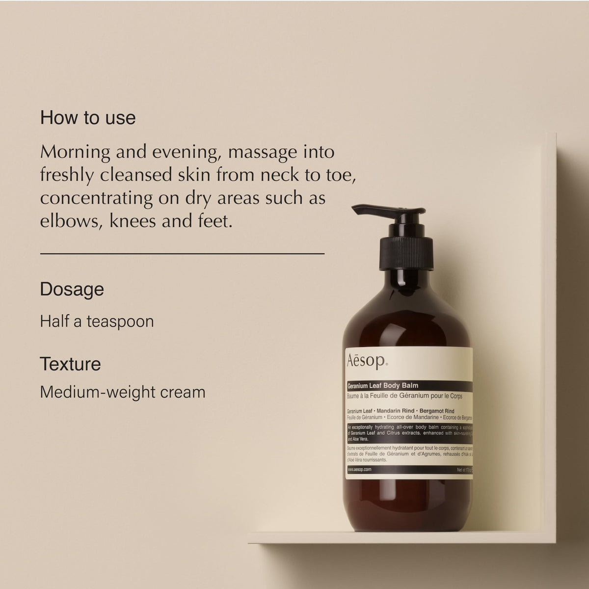 Aesop Geranium Leaf Body Balm application on hands for skin nourishment