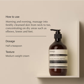 Aesop Geranium Leaf Body Balm application on hands for skin nourishment
