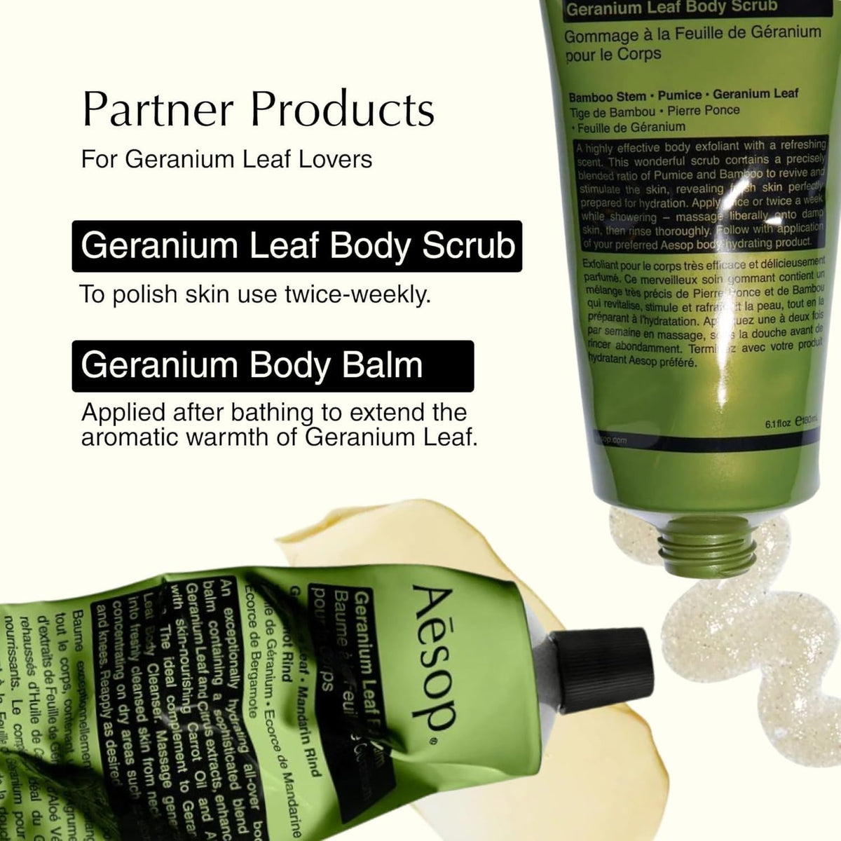 Aesop Geranium Leaf Body Cleanser bottle label close-up