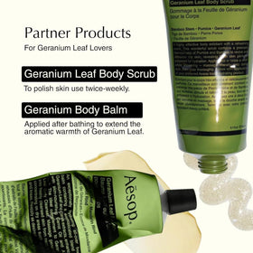 Aesop Geranium Leaf Body Cleanser bottle label close-up