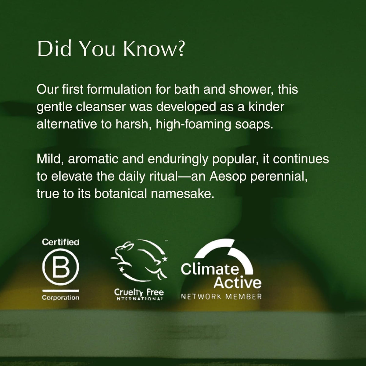 Aesop Geranium Leaf Body Cleanser in a shower setup ready to use