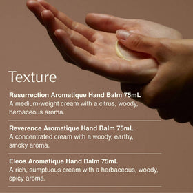 Hands applying Aesop Resurrection balm showing lightweight hydration and quick absorption.
