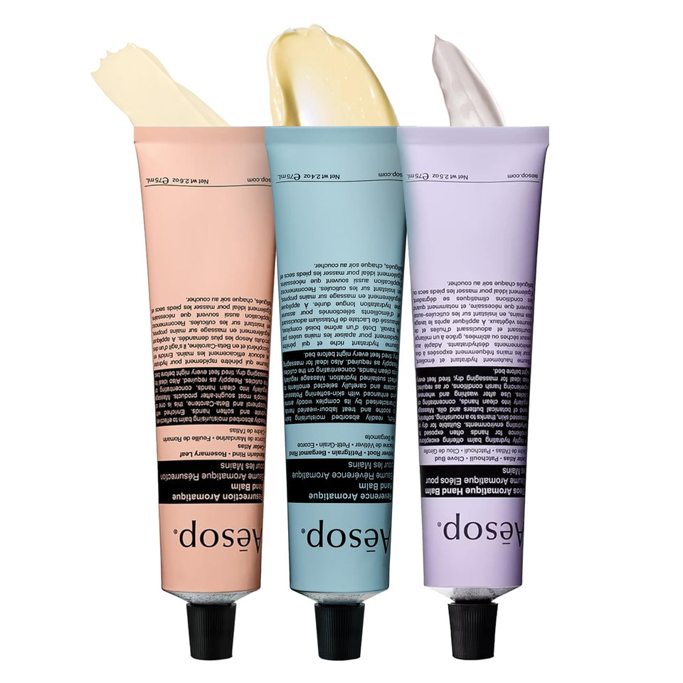 Aesop hand balm set packaging displayed for gifting and home care.