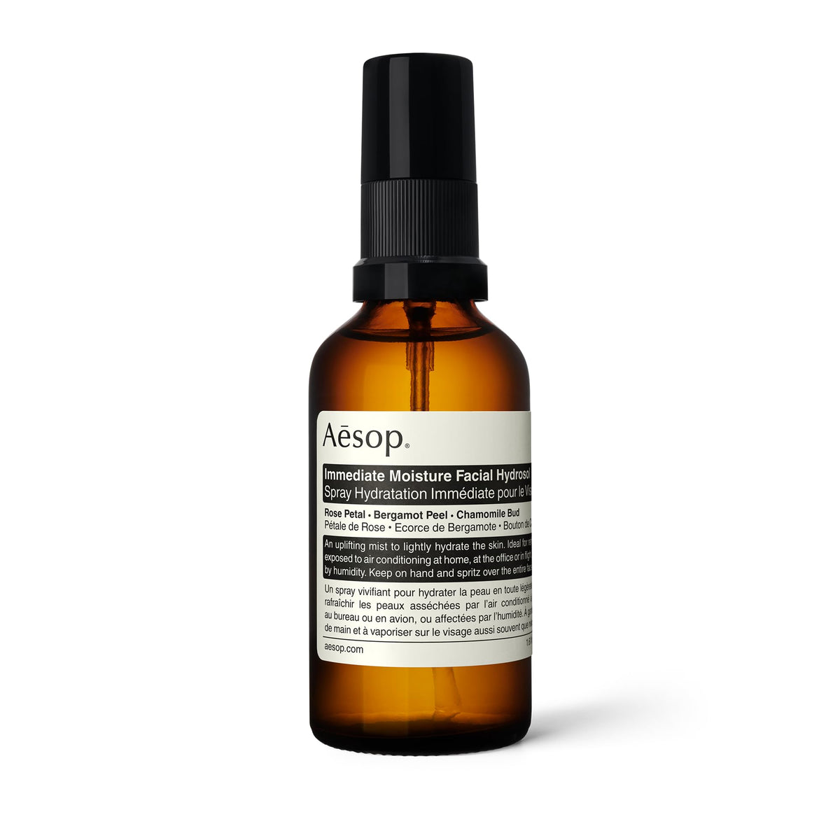 Aesop Immediate Moisture Hydrosol bottle with rose petal for a refreshing skin boost.