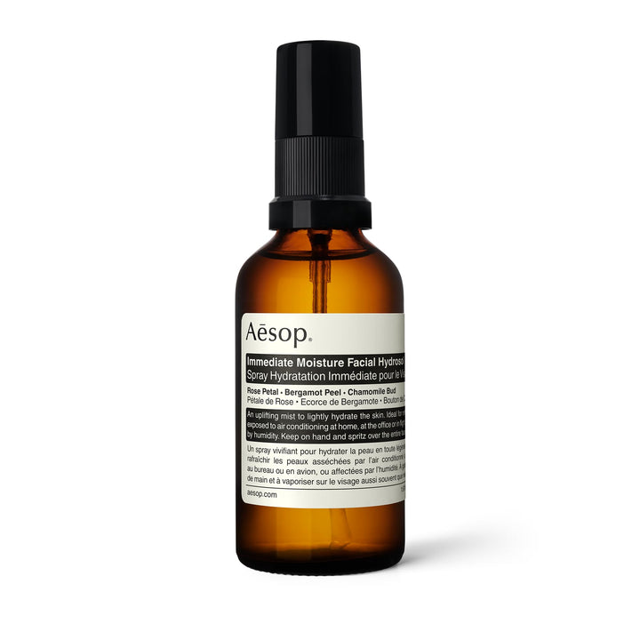 Aesop Immediate Moisture Hydrosol bottle with rose petal for a refreshing skin boost.