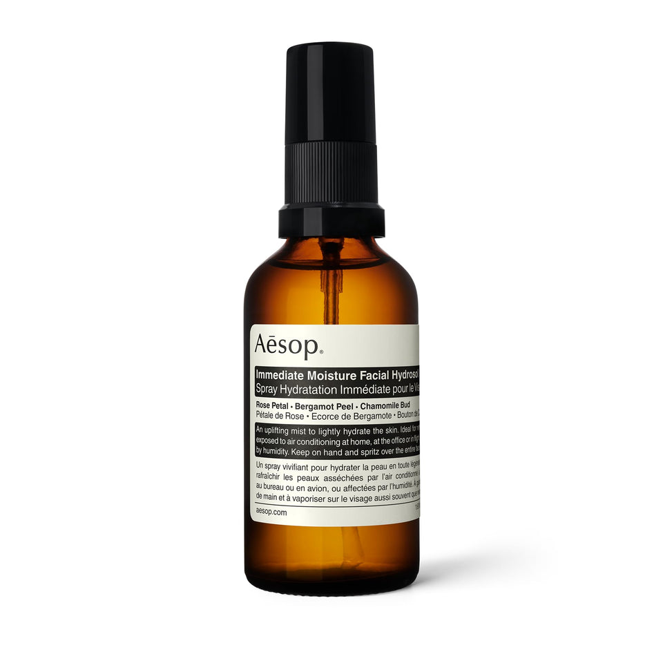 Aesop Immediate Moisture Hydrosol bottle with rose petal for a refreshing skin boost.