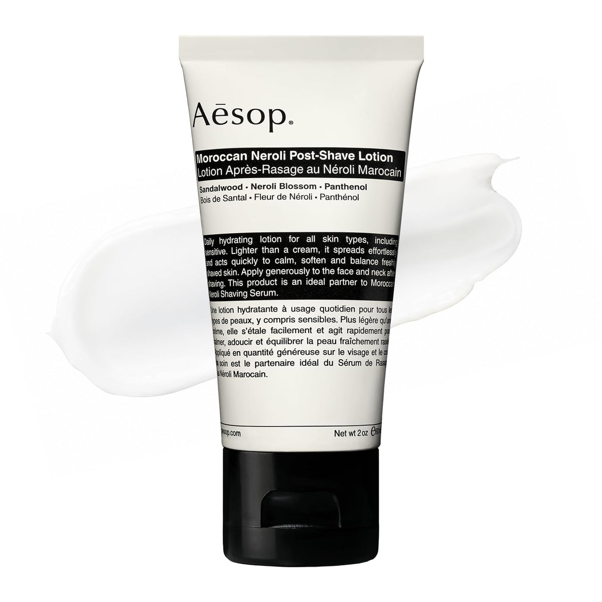 Aesop Moroccan Neroli Post Shave Lotion bottle, offering calming hydration after shaving.